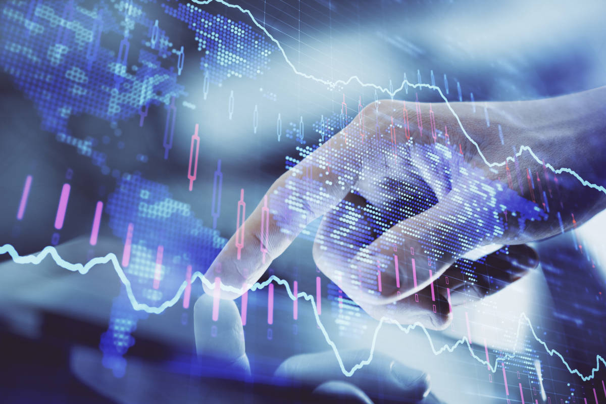 Multi exposure of man's hands holding and using a digital phone and forex graph drawing. Financial market concept.